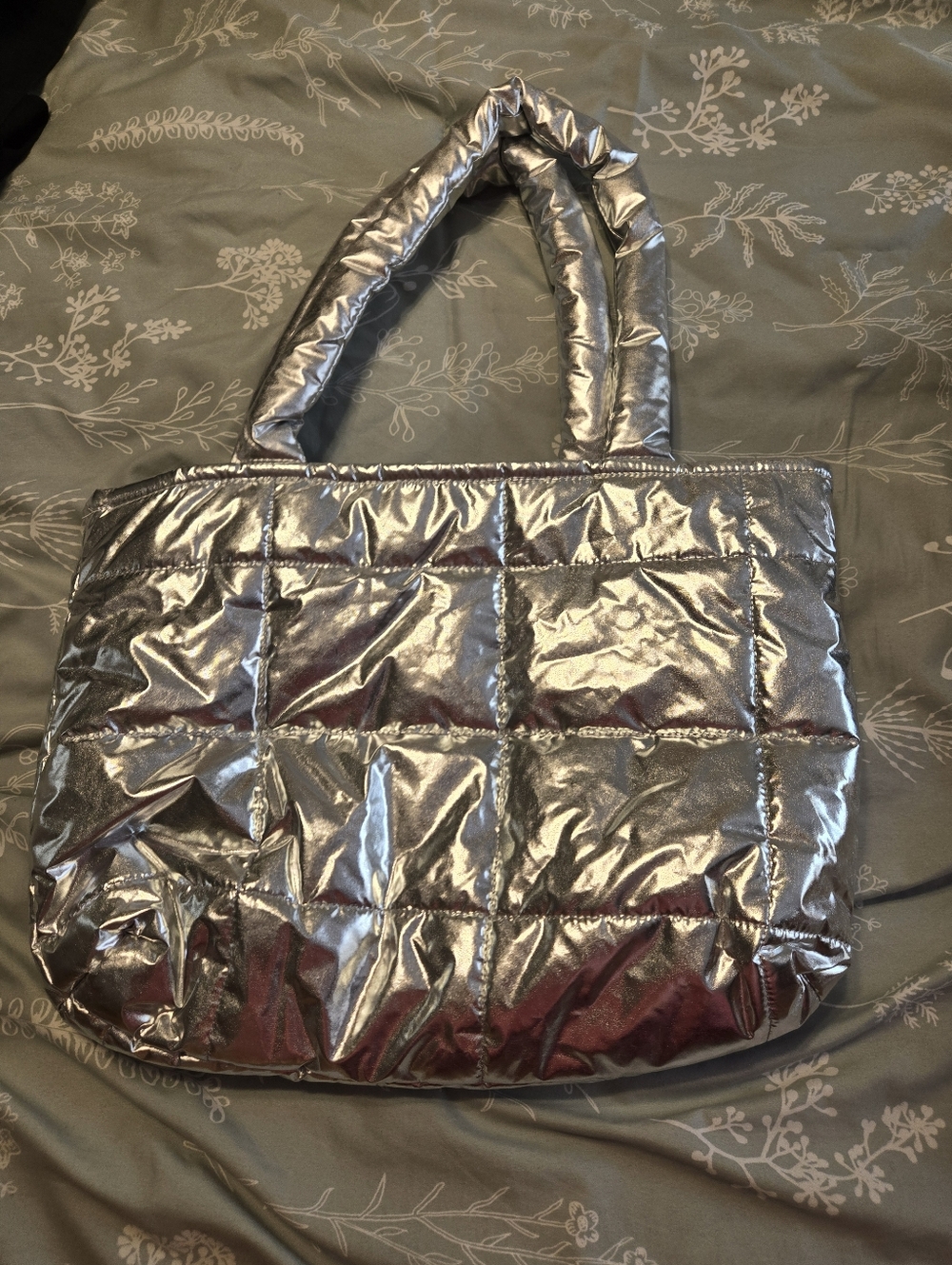 Boutique Quilted Metallic Silver Tote Bag - Stylish Women's Handbag